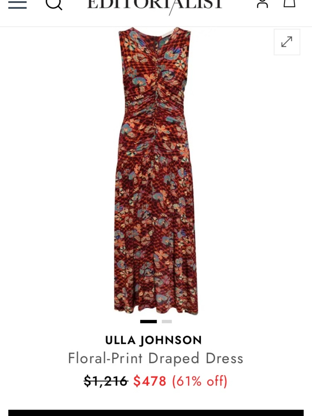 Ulla Johnson Rust Floral Ruched Maxi Dress with Teal Accents